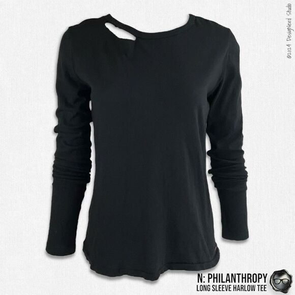 N:PHILANTHROPY LONG SLEEVE HARLOW BFF TEE SHIRT IN BLACK CAT CUT OUT NECK BAND - Picture 1 of 12